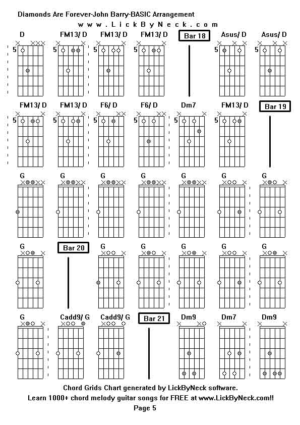 Chord Grids Chart of chord melody fingerstyle guitar song-Diamonds Are Forever-John Barry-BASIC Arrangement,generated by LickByNeck software.